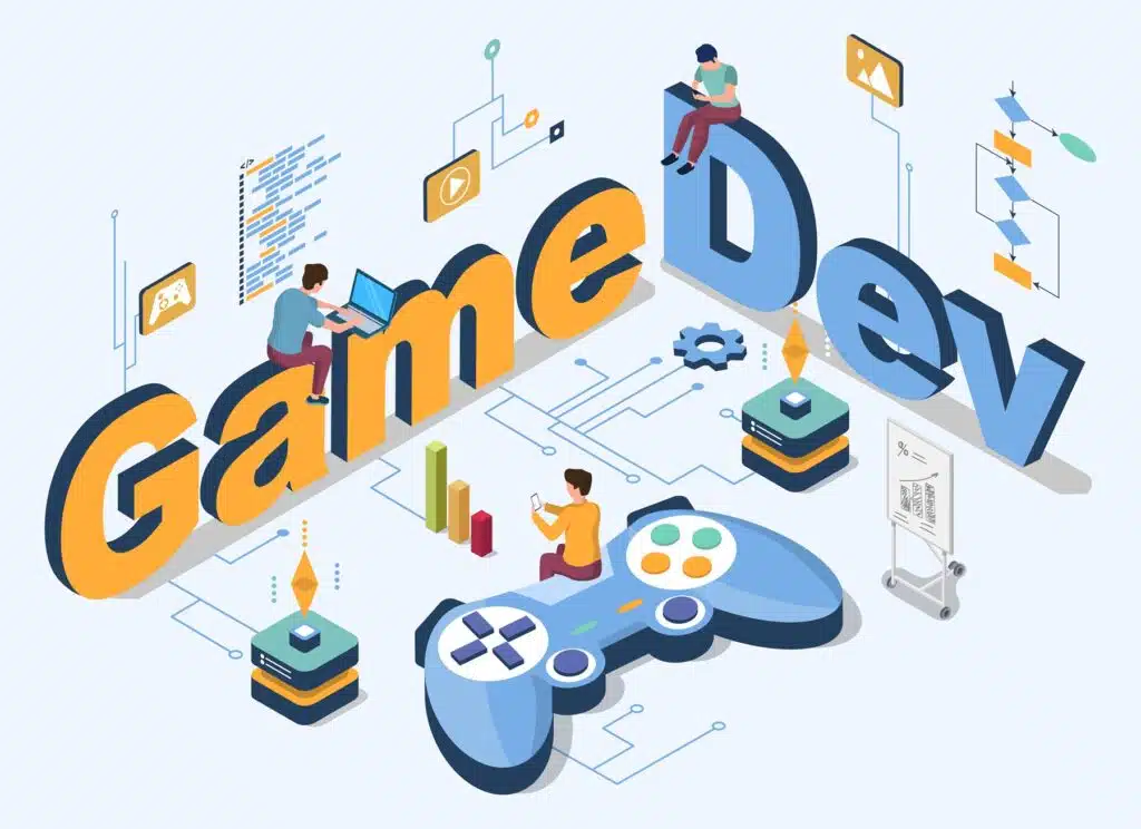 Illustration of game development with the words “Game Dev,” developers working on laptops and mobile devices, coding symbols, charts, and a large video game controller representing the process of creating video games.