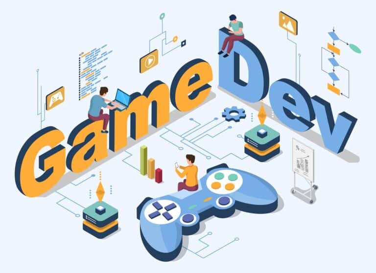 Illustration of game development with the words “Game Dev,” developers working on laptops and mobile devices, coding symbols, charts, and a large video game controller representing the process of creating video games.