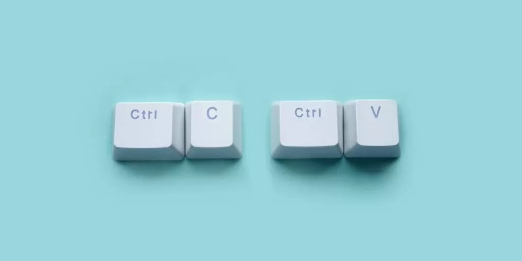 Computer keyboard keys arranged as Ctrl+C and Ctrl+V, symbolizing copy-paste behavior and the risks of blindly duplicating processes.
