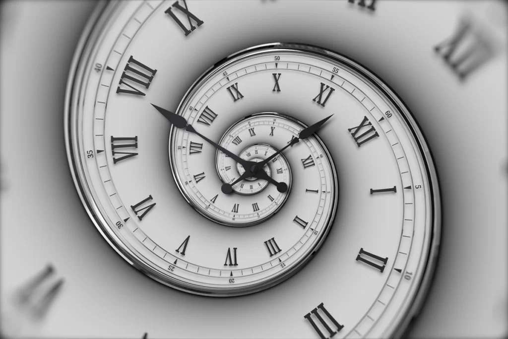 Visual of a spiral clock with Roman numerals, symbolizing the endless cycle of time and projects spinning out of control, like a game dev death spiral.