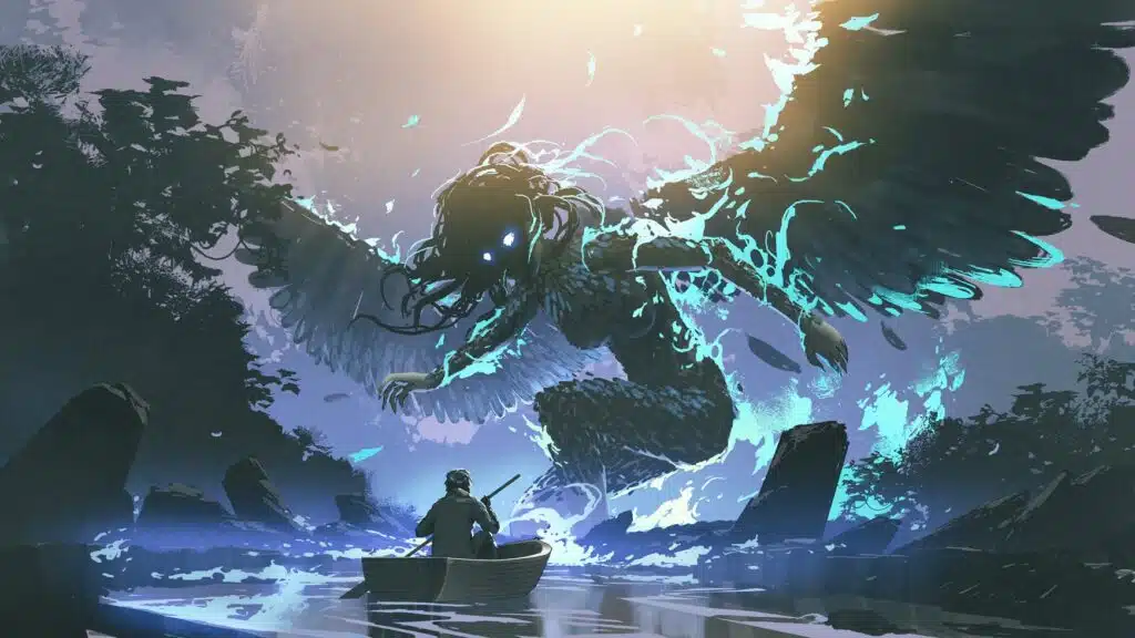 Indie-style fantasy illustration of a lone person in a rowboat facing a gigantic glowing winged creature rising from the water in a dark, misty forest.