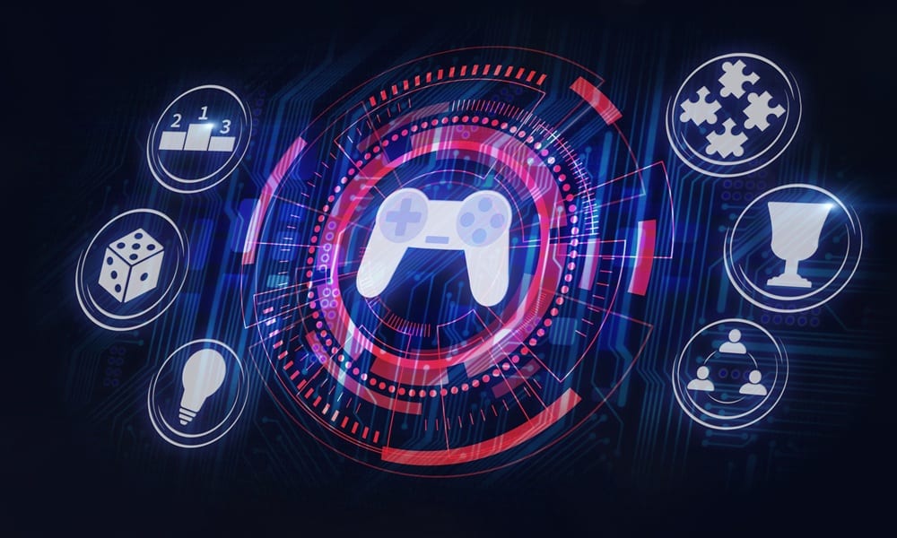 Illustration of a video game controller with icons for puzzles, dice, and ideas, symbolizing game design foundations, playtesting, feedback, and iteration for indie developers
