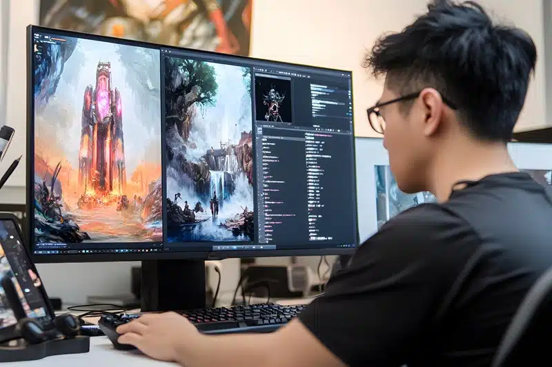 Game developer working on a mobile game project, with code and fantasy artwork displayed on a dual-monitor setup.