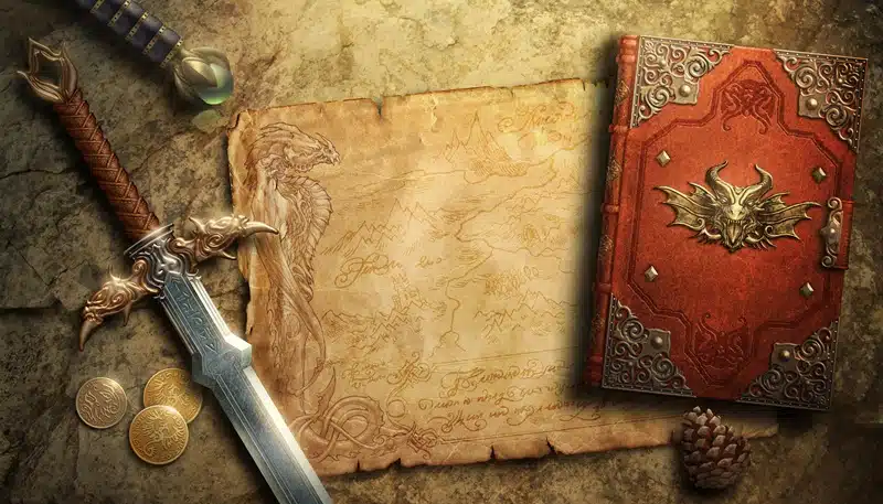 Fantasy RPG concept art showing a sword, coins, an ancient map, and a dragon-emblazoned book, symbolizing goals, actions, and planning in game AI (GOAP).