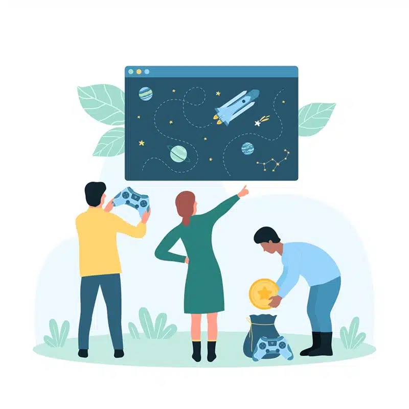 Illustration of a game development team strategizing: one person tests with a game controller, another points to a space-themed project plan on screen, and a third allocates resources, symbolizing the role of technical leadership in guiding projects
