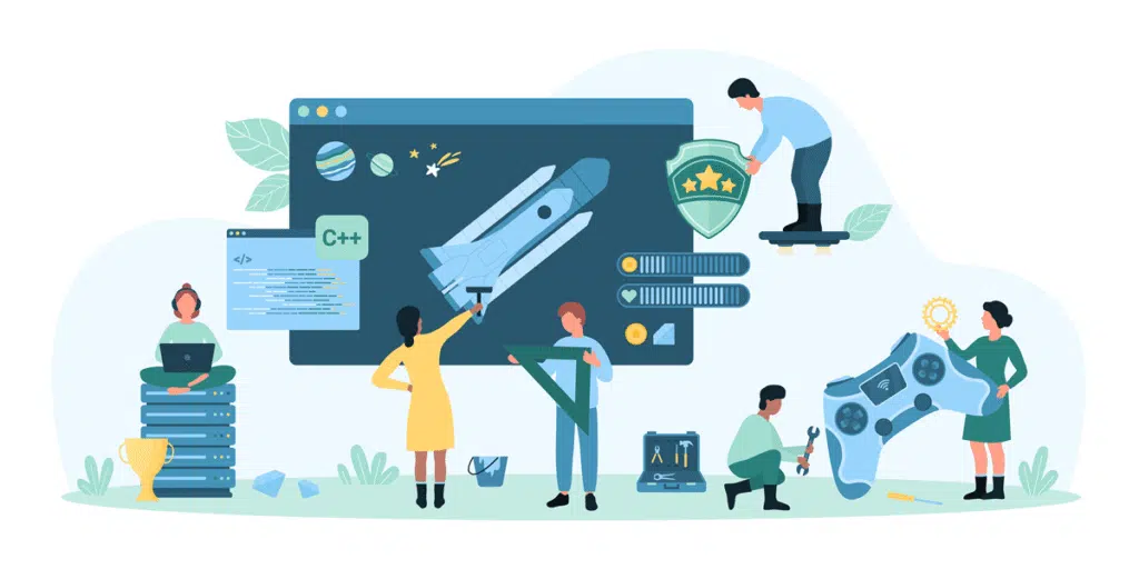 Illustration of a game development team working together on a space-themed project, featuring coding, design, optimization, and testing with tools, servers, and a large game controller.