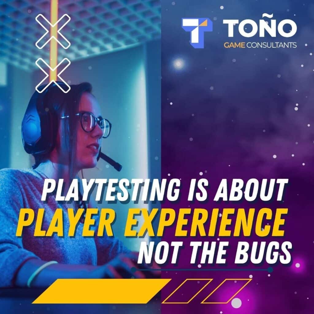 Gamer wearing a headset during playtesting with the text “Playtesting is about player experience, not the bugs”