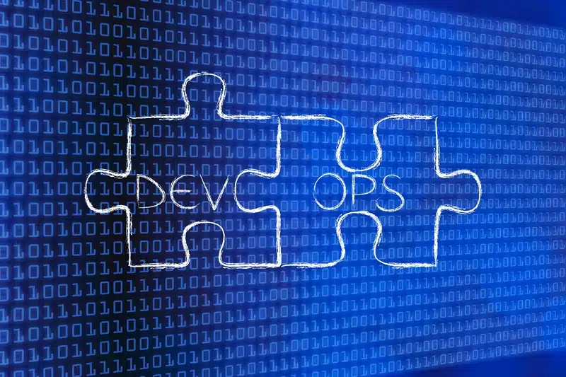 Illustration of DevOps as two interlocking puzzle pieces over binary code, symbolizing the integration of development and operations in software pipelines.