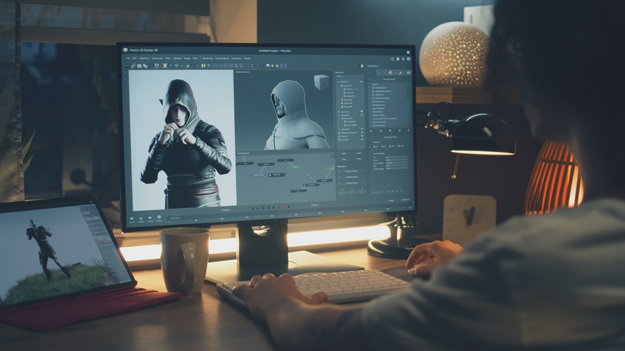 Game developer designing AI systems in a 3D engine, building character behaviors and decision-making logic for a video game