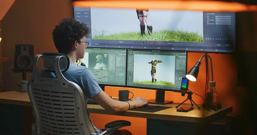 Game developer working on 3D character animation and AI behavior in a modern studio setup with dual monitors.