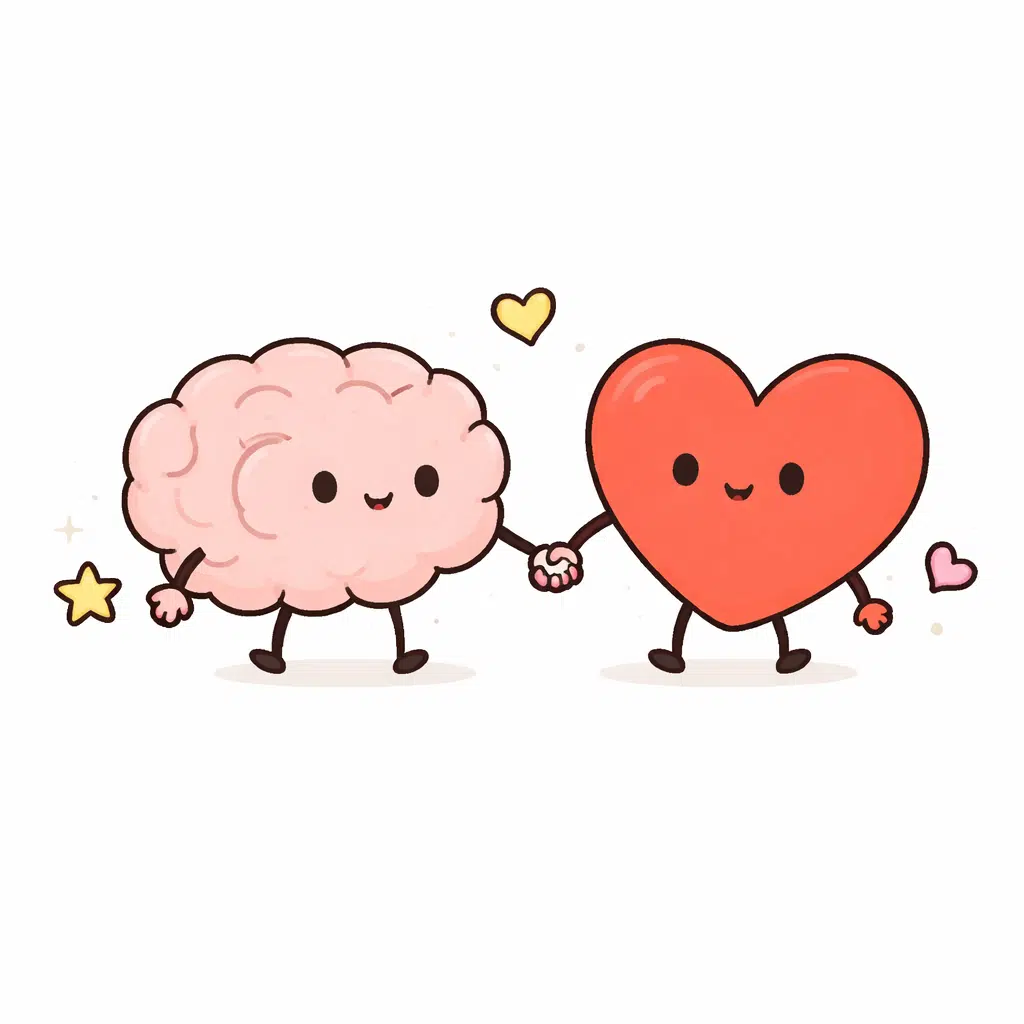 Cute illustration of a smiling cartoon brain holding hands with a smiling heart, symbolizing the connection between logic and empathy in player-centered game UX design.